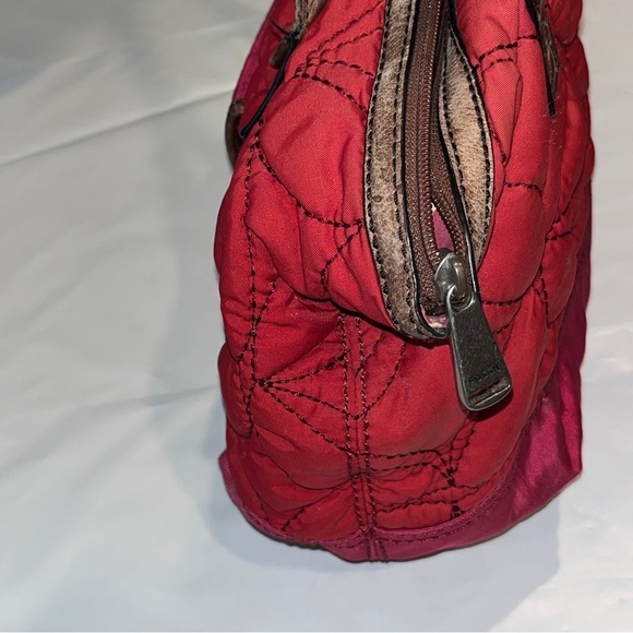 Fossil Key Per RED Handbag Purse Cranberry QUILTED Fabric Brown Leather TOTE 15” - Picture 12 of 14